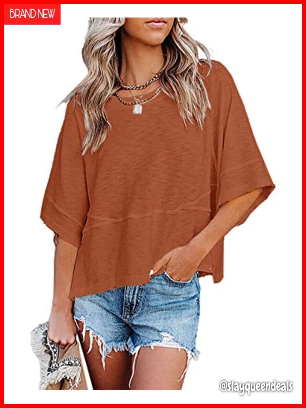 Loose Fit Crewneck 3/4 Sleeve Tunic T-Shirt Casual Summer Top